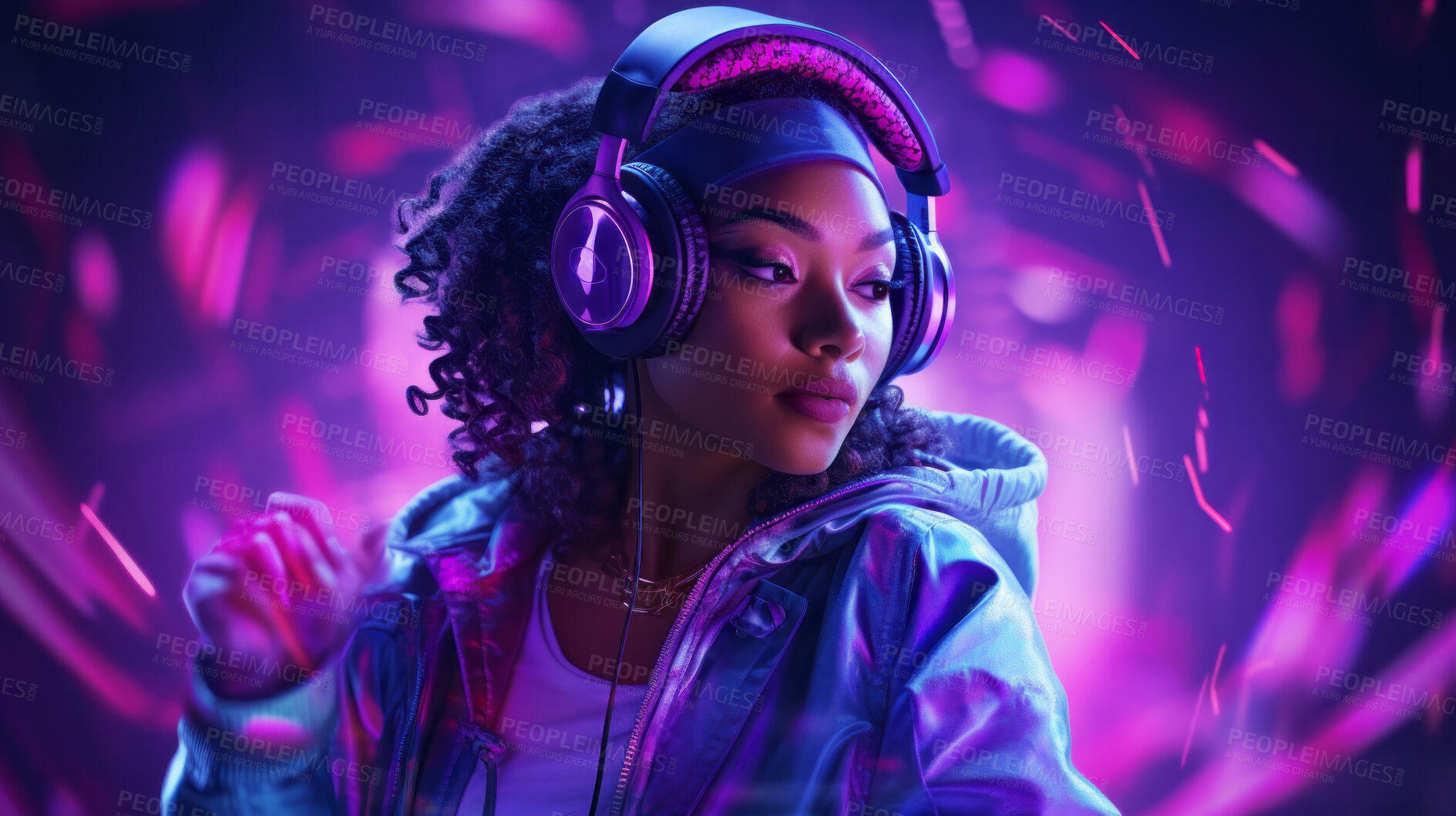 Buy stock photo Young woman, headphones or listening to music at festival, dj and metaverse. Confident, youth or female in a club, trance party or virtual reality with neon yellow lights background for online gaming