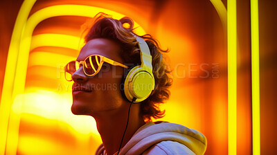 Man, headphones or listening to music at festival, dj or metaverse. Confident, youth and person in club, trance party or virtual reality on neon yellow lights background, cyberpunk or online gaming
