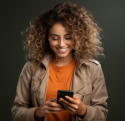 Young woman, phone and background in mock-up with device music, social media video or funny meme. Happy gen z person laughing for audio tech, internet post and cellphone in studio