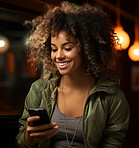 Mixed race woman, portrait and phone for social media app, internet and website on dark background mockup. Face, smile and happy gen z person with mobile technology for influencer blog post in cafe