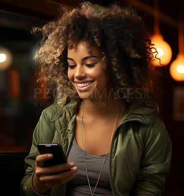 Mixed race woman, portrait and phone for social media app, internet and website on dark background mockup. Face, smile and happy gen z person with mobile technology for influencer blog post in cafe