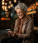 Senior woman, casual business wear and phone for social media app, internet and website on cafe background mockup. Face, smile and happy pensioner with mobile technology for influencer blog post in restaurant