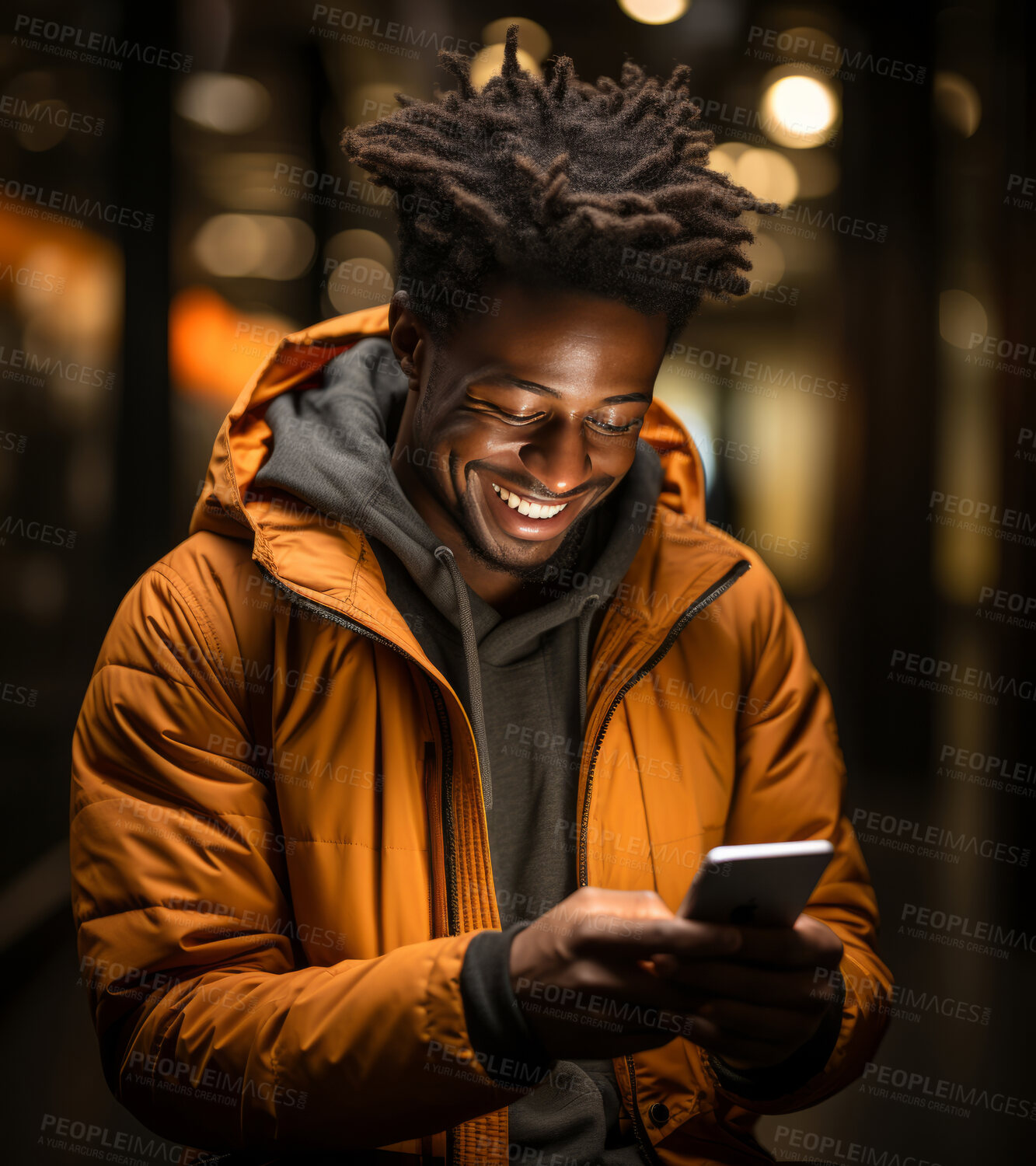 Buy stock photo Black man, phone and laughing on studio background for internet joke, meme and social media comedy. Smile, happy and funny gen z male person on mobile technology for website, humor and comic post