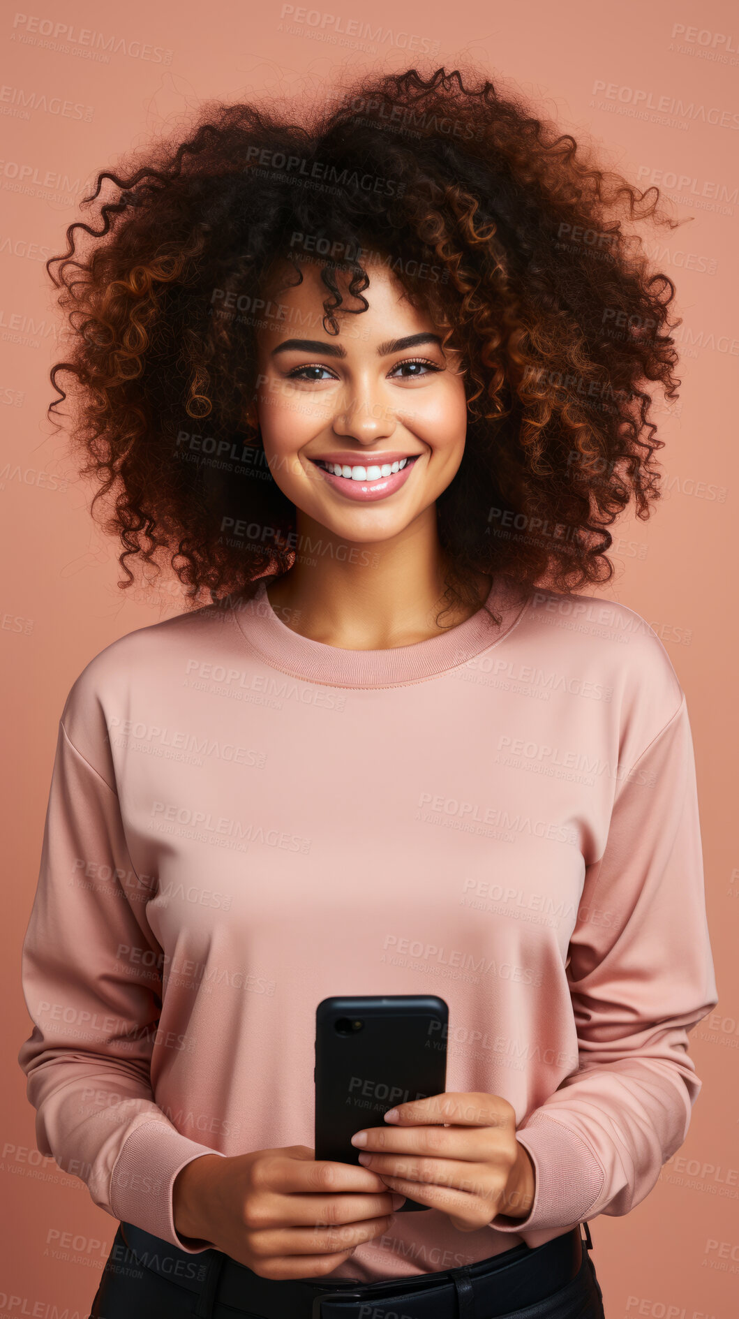 Buy stock photo Mixed race woman, portrait and phone for social media app, internet and website on dark background mockup. Face, smile and happy gen z person with mobile technology for influencer blog post in studio