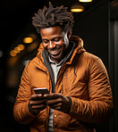 Black man, phone and laughing on studio background for internet joke, meme and social media comedy. Smile, happy and funny gen z male person on mobile technology for website, humor and comic post