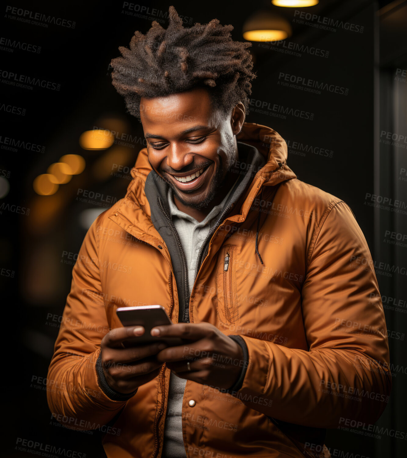 Buy stock photo Black man, phone and laughing on studio background for internet joke, meme and social media comedy. Smile, happy and funny gen z male person on mobile technology for website, humor and comic post