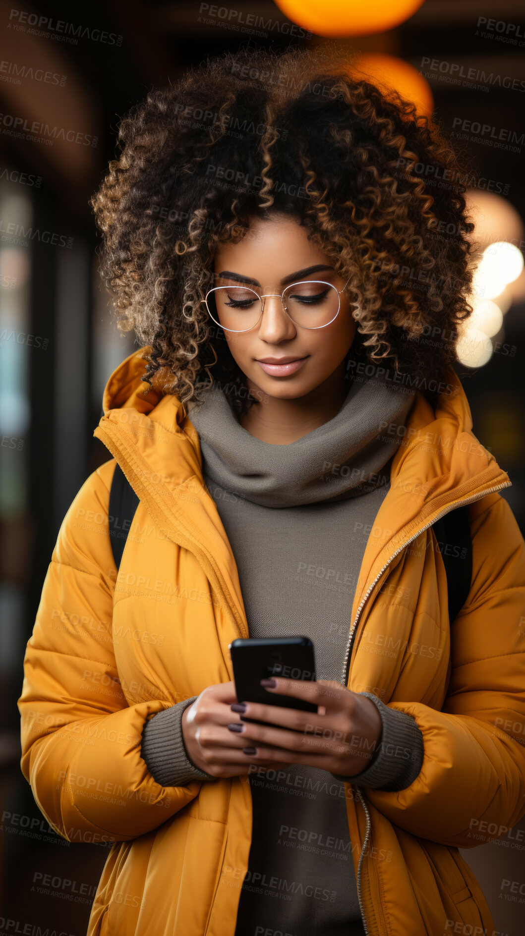 Buy stock photo Mixed race woman, portrait and phone for social media app, internet and website on dark background mockup. Face, glasses and happy gen z person with mobile technology for influencer blog post in studio