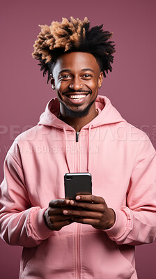 Mixed race man, portrait and phone for social media app, internet and website on dark background mockup. Face, smile and happy gen z person with mobile technology for influencer blog post in studio