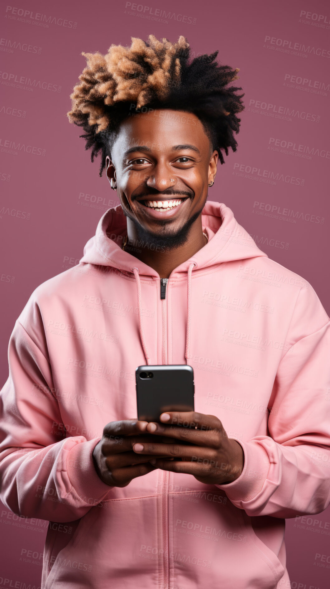 Buy stock photo Mixed race man, portrait and phone for social media app, internet and website on dark background mockup. Face, smile and happy gen z person with mobile technology for influencer blog post in studi