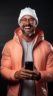 Mixed race man, portrait and phone for social media app, internet and website on dark background mockup. Face, smile and happy gen z person with mobile technology for influencer blog post in studio