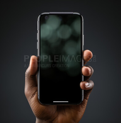 Person, phone and hand with mockup screen for advertising or marketing against a studio background. Hands, mobile smartphone or app with mock up, copy space or display for brand advertisement
