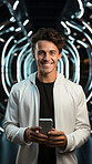 Male, phone and portrait in mock-up futuristic background with device music, social media video or funny meme. Happy gen-z smiling for audio tech, internet post and cellphone in room with light effect