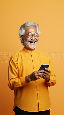 Senior asian man, portrait and phone for social media app, internet and website on color background mockup. Face, smile and happy pensioner with mobile technology for influencer blog post in house with bokeh background