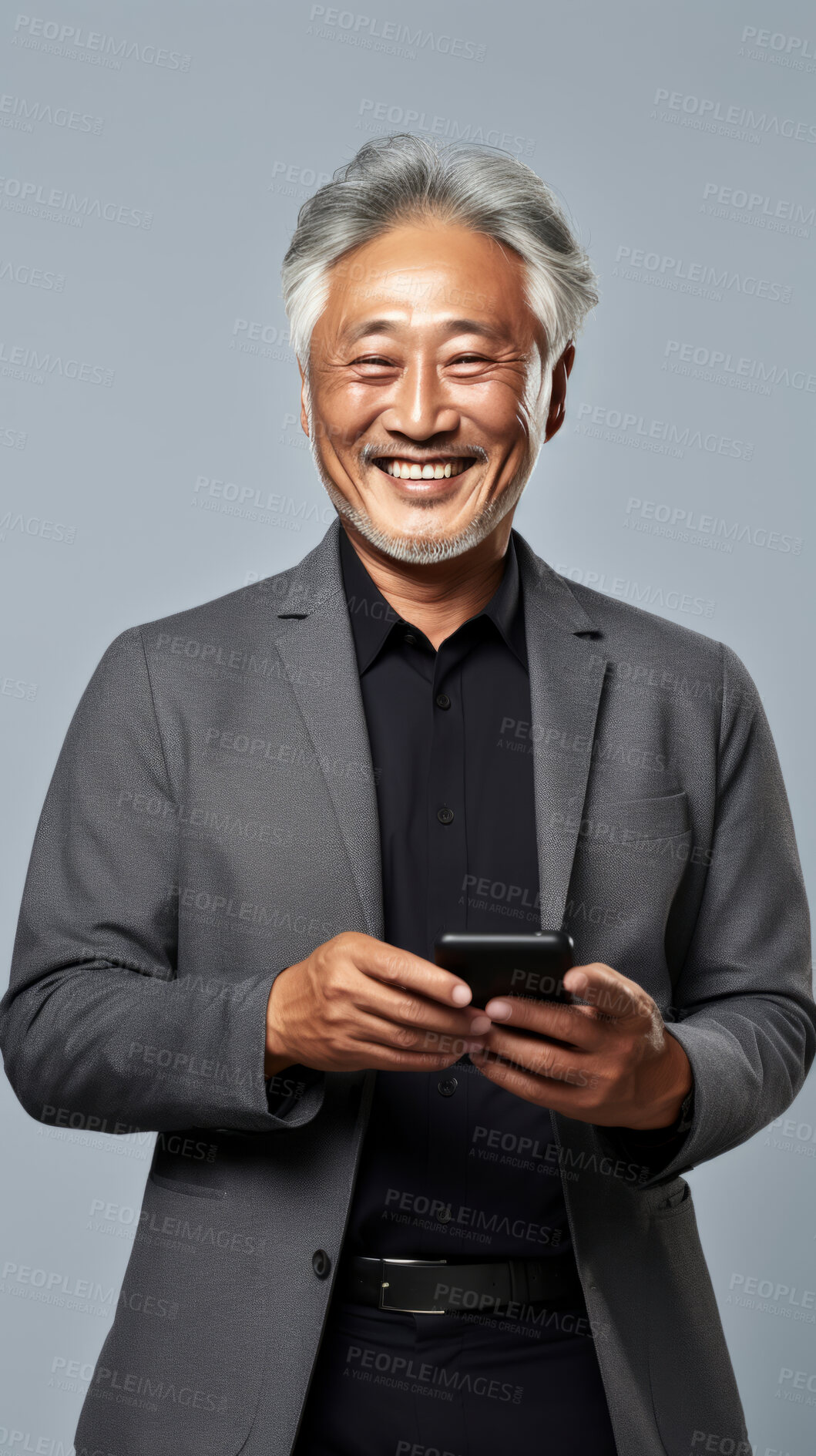 Buy stock photo Senior asian man, portrait and phone for social media app, internet and website on color background mockup. Face, smile and happy pensioner with mobile technology for influencer blog post in house with bokeh background