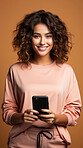 Mixed race woman, portrait and phone for social media app, internet and website on dark background mockup. Face, smile and happy gen z person with mobile technology for influencer blog post in studio