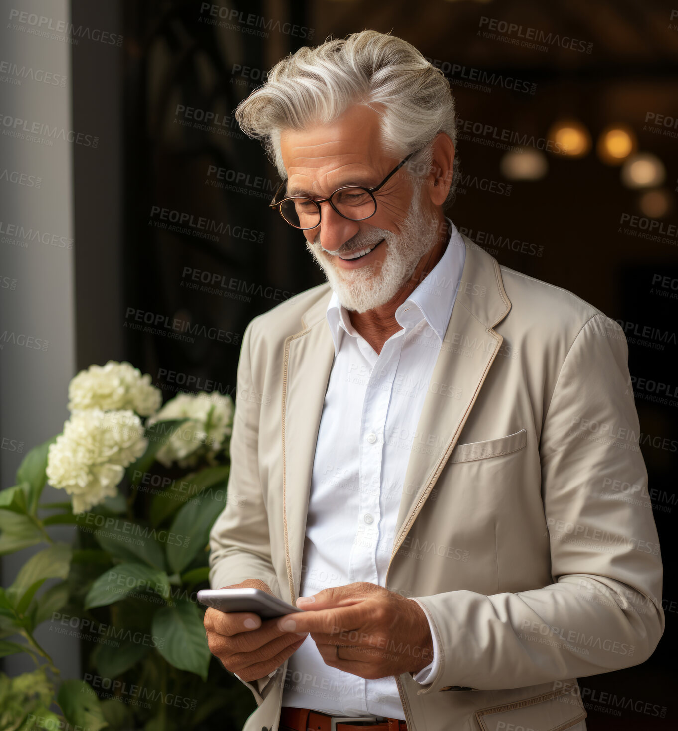 Buy stock photo Senior man, phone and background bokeh in mock-up with device music, social media video or funny meme. Happy pensioner person smiling for audio tech, internet post and cellphone in outdoor scene