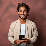 Mixed race man, portrait and phone for social media app, internet and website on dark background mockup. Face, smile and happy gen z person with mobile technology for influencer blog post in studio