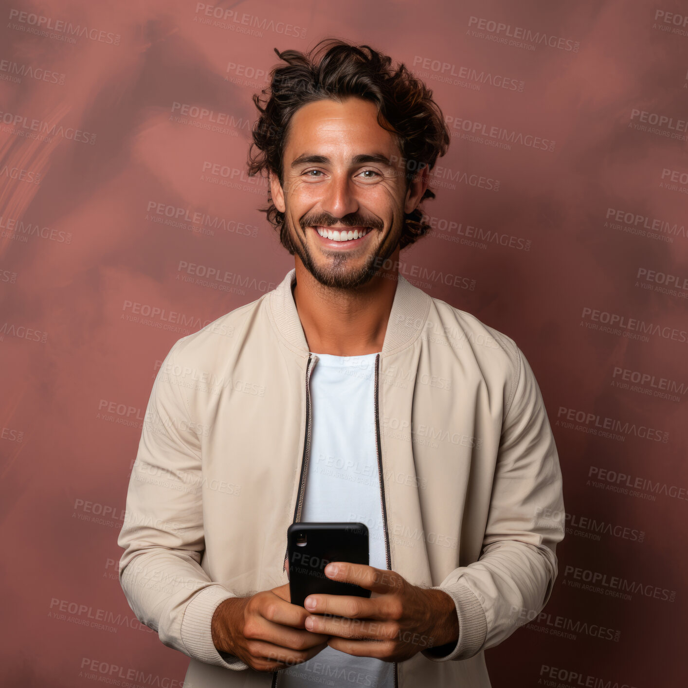 Buy stock photo Mixed race man, portrait and phone for social media app, internet and website on dark background mockup. Face, smile and happy gen z person with mobile technology for influencer blog post in studio