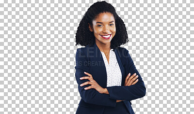 Buy stock photo Portrait, smile and a business black woman arms crossed isolated on a transparent background for work. Corporate, mission and happy with a confident young employee on PNG for her professional career