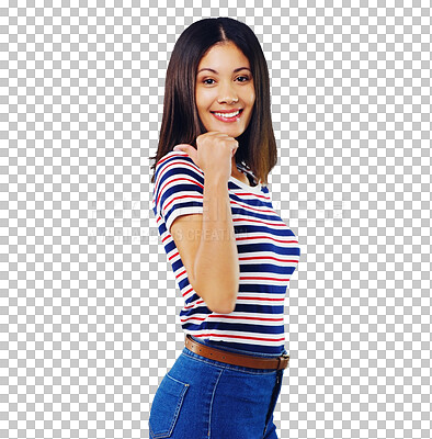 Buy stock photo Happy woman, portrait and pointing back in fashion for advertising isolated on a transparent PNG background. Young female person smile and thumb for deal, sale or notification in casual clothing