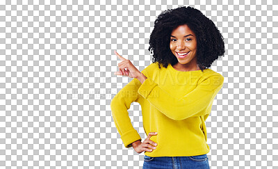 Buy stock photo Portrait, woman and pointing with smile for offer, announcement or promotion. Black person, curly hair and happiness on face for information, deal or choice on isolated or transparent png background