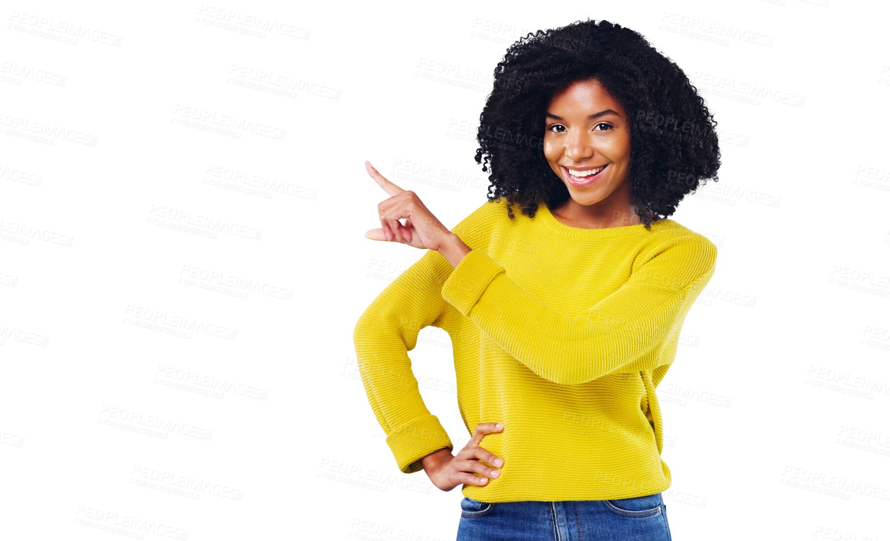 Buy stock photo Portrait, woman and pointing with smile for offer, announcement or promotion. Black person, curly hair and happiness on face for information, deal or choice on isolated or transparent png background