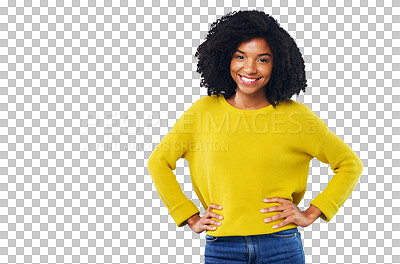 Buy stock photo Black woman, portrait and happy with fashion or casual outfit isolated on png transparent background. Person, face or smile and confidence, pride or relax for trendy style, proud or cool aesthetic