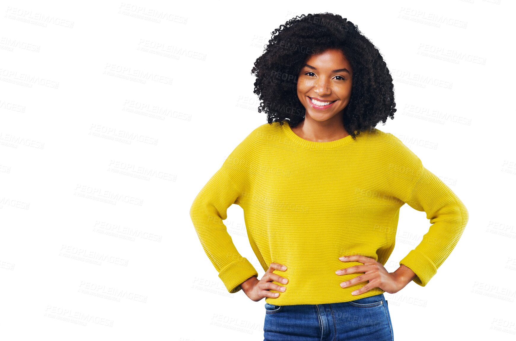 Buy stock photo Black woman, portrait and happy with fashion or casual outfit isolated on png transparent background. Person, face or smile and confidence, pride or relax for trendy style, proud or cool aesthetic