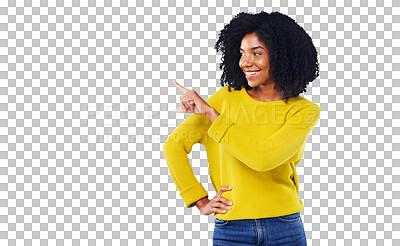 Buy stock photo Happy woman, thinking and pointing with smile for offer, promotion or suggestion for decision. Black person, fashion and curly hair with gesture for choice on isolated or transparent png background