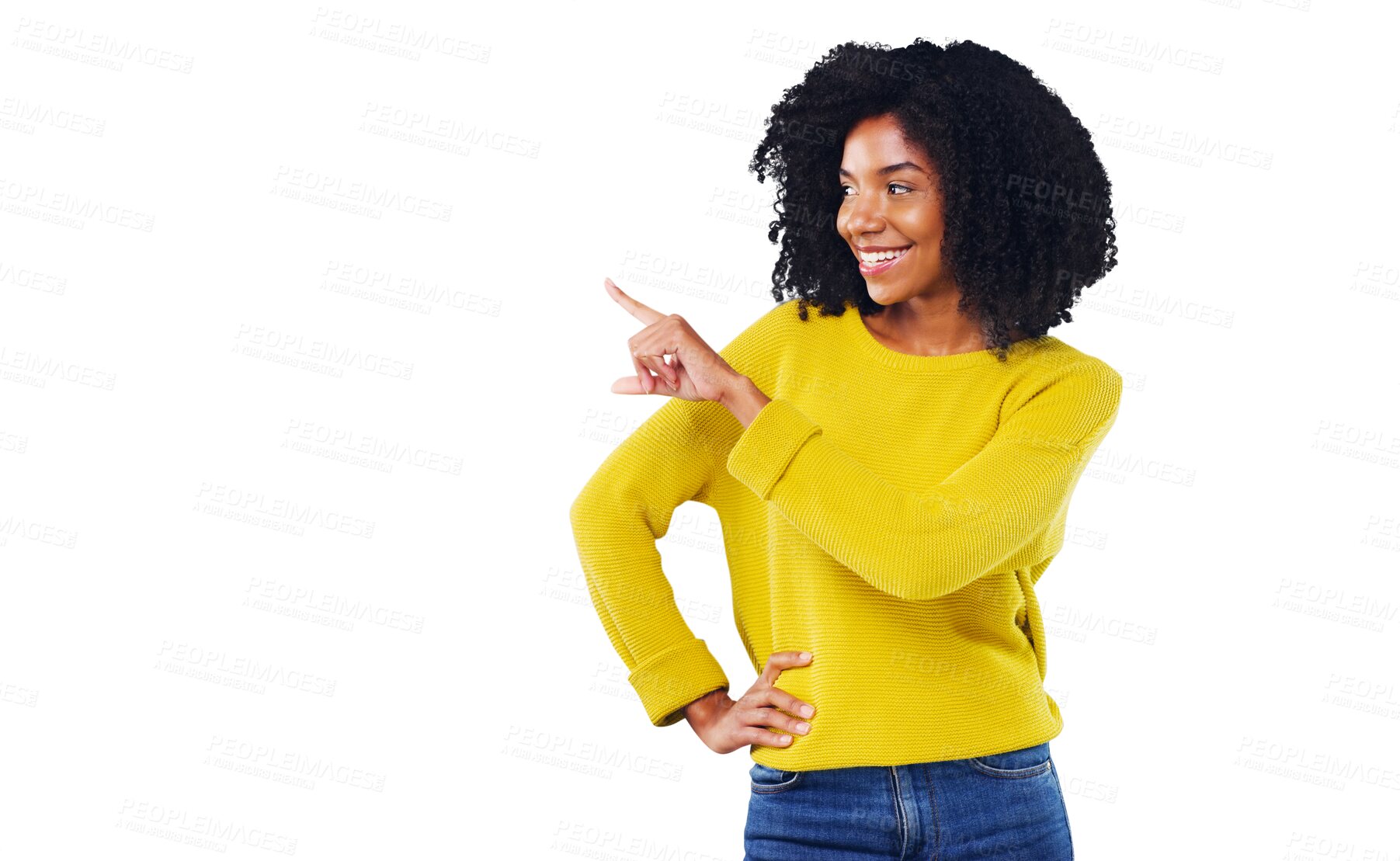 Buy stock photo Happy woman, thinking and pointing with smile for offer, promotion or suggestion for decision. Black person, fashion and curly hair with gesture for choice on isolated or transparent png background