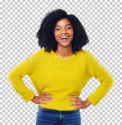 Buy stock photo Black woman, portrait and happy with beauty or fashion or casual outfit isolated on png transparent background. Person, face or smile and confidence, pride or relax for trendy style or cool aesthetic