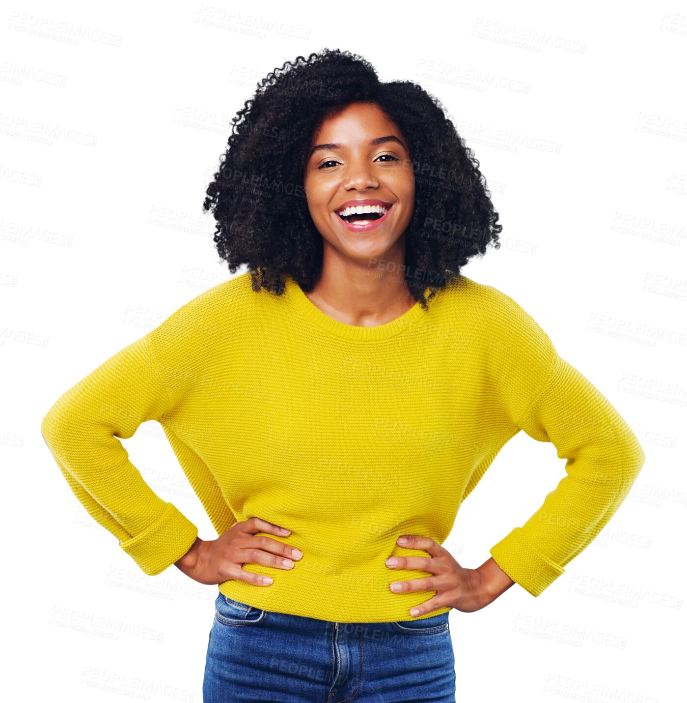 Buy stock photo Black woman, portrait and happy with beauty or fashion or casual outfit isolated on png transparent background. Person, face or smile and confidence, pride or relax for trendy style or cool aesthetic