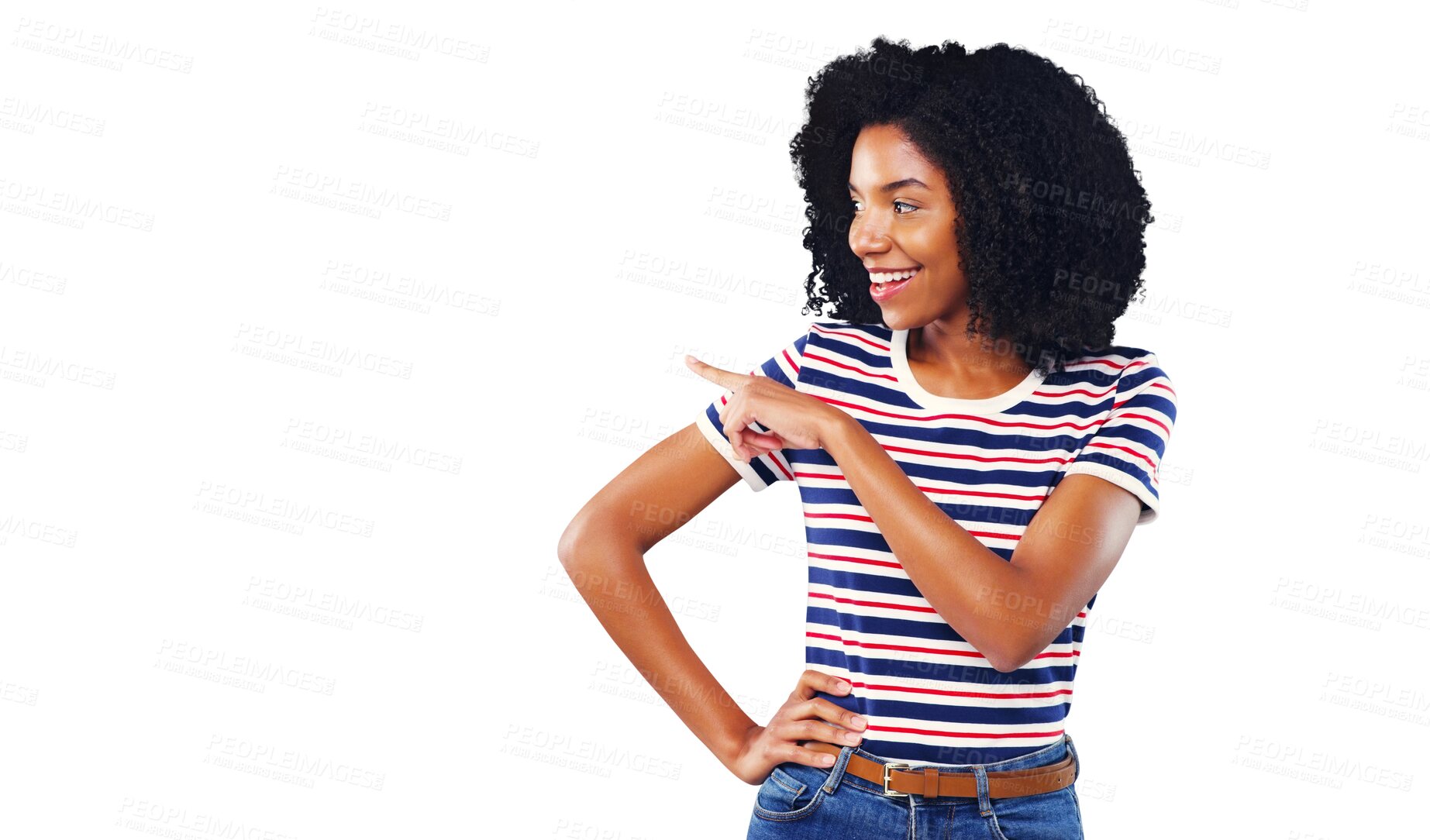 Buy stock photo Happy woman, pointing and advertising in fashion for marketing isolated on a transparent PNG background. Attractive young female person smile and showing deal, sale or notification in casual clothing