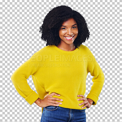 Buy stock photo Woman, portrait and smile with beauty or fashion with casual outfit isolated on png transparent background. Person, face or happy with confidence, pride or relaxing for trendy style or cool aesthetic