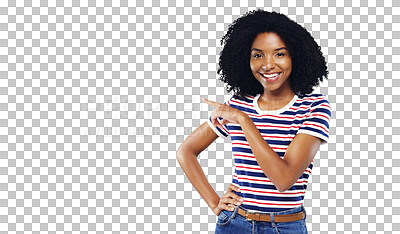 Buy stock photo Happy woman, portrait and pointing in fashion, advertising or marketing isolated on a transparent PNG background. Young female person smile and showing deal, sale or notification in casual clothing