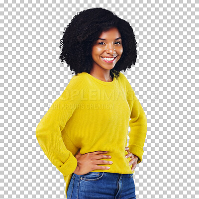 Buy stock photo Black woman, portrait and happy with beauty or fashion or casual outfit isolated on png transparent background. Person, face or smile and confidence, pride or relax for trendy style or cool aesthetic