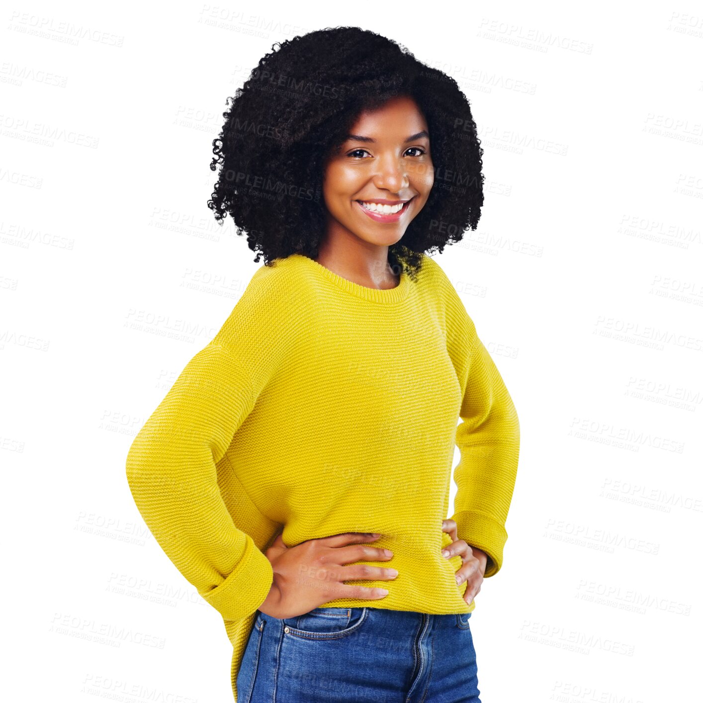 Buy stock photo Black woman, portrait and happy with beauty or fashion or casual outfit isolated on png transparent background. Person, face or smile and confidence, pride or relax for trendy style or cool aesthetic