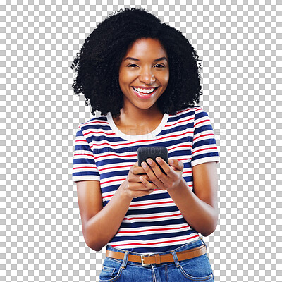 Buy stock photo Portrait, happy woman and smartphone with excitement for message, alert or promotion on social media. Black person, curly hair and mobile app for internet on isolated or transparent png background