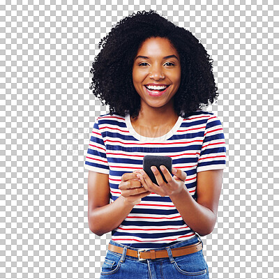 Buy stock photo Portrait, happy woman and smartphone with smile for message, alert and announcement by social media. Black person, curly hair and mobile app for internet on isolated or transparent png background