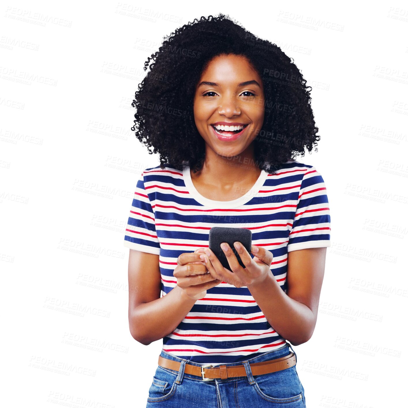 Buy stock photo Portrait, happy woman and smartphone with smile for message, alert and announcement by social media. Black person, curly hair and mobile app for internet on isolated or transparent png background