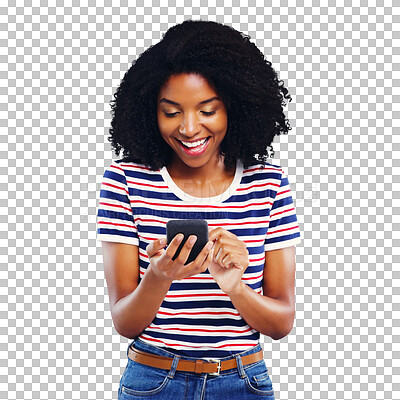 Buy stock photo Excited woman, student and phone for social media, reading news or communication for opportunity. Young African person typing or search internet on mobile chat, isolated on transparent PNG background