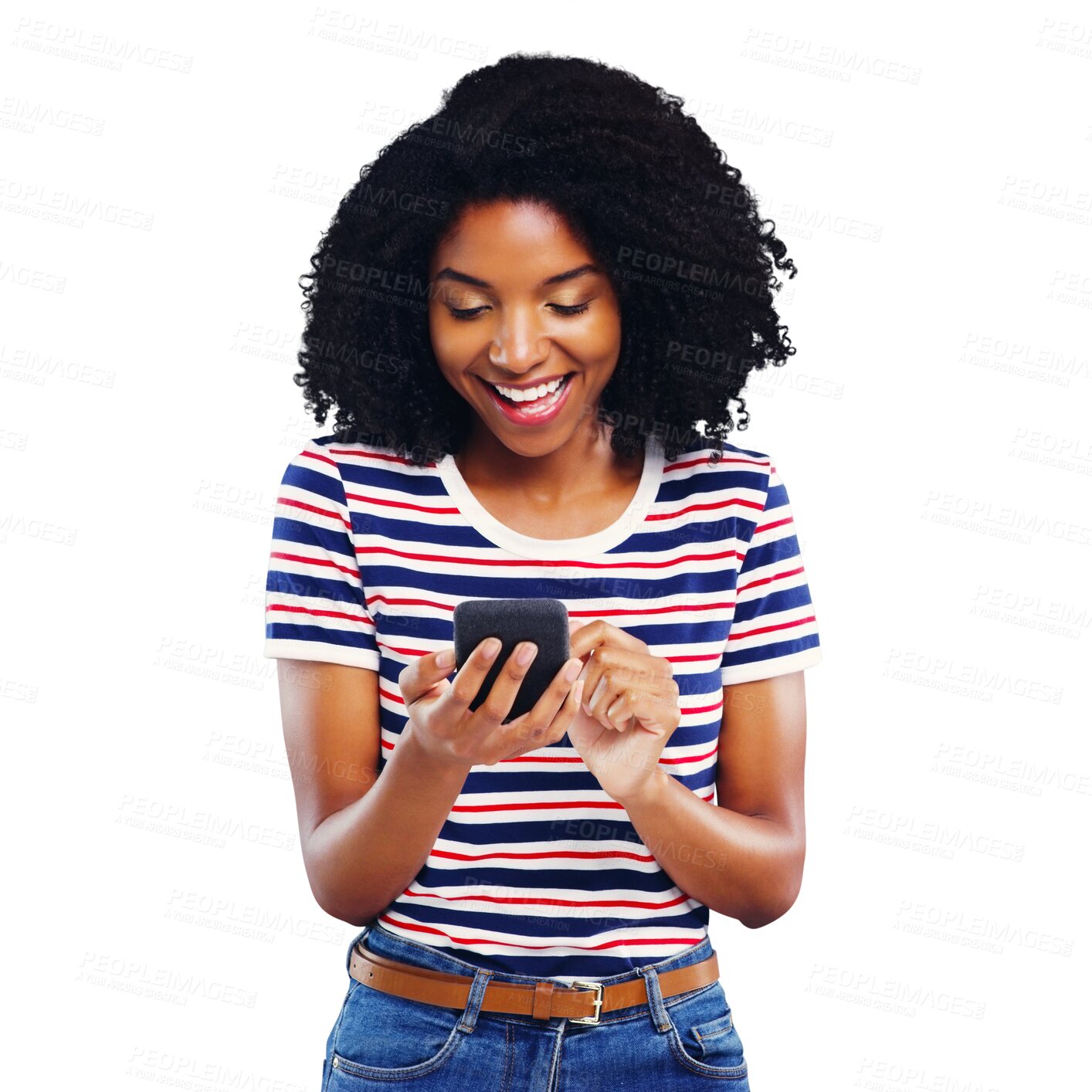 Buy stock photo Excited woman, student and phone for social media, reading news or communication for opportunity. Young African person typing or search internet on mobile chat, isolated on transparent PNG background