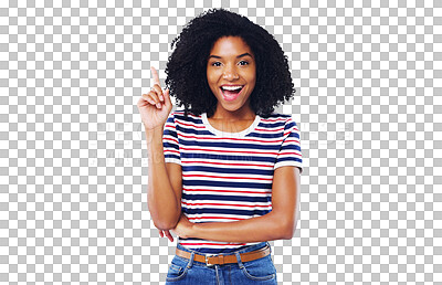 Buy stock photo Woman, portrait and finger as idea excited or explanation, solution or problem solving. Black person, face and hand gesture as announcement news or answer isolated, transparent png for background