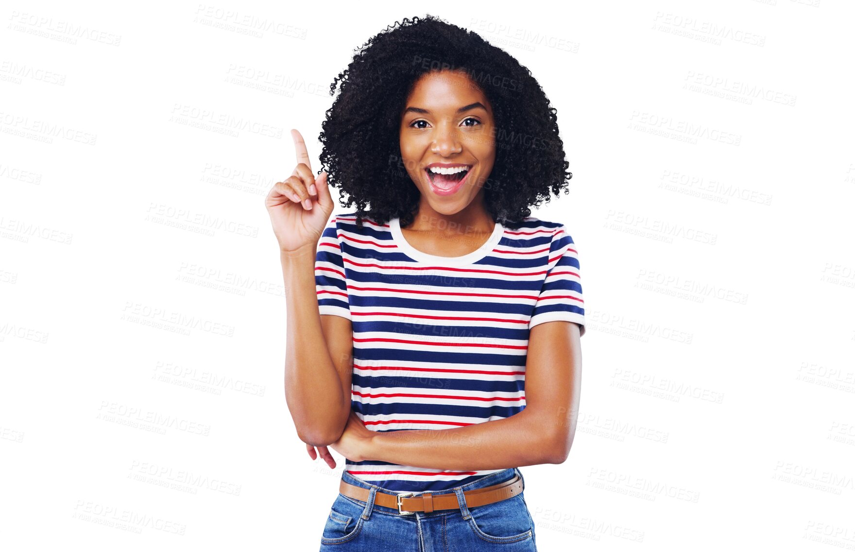 Buy stock photo Woman, portrait and finger as idea excited or explanation, solution or problem solving. Black person, face and hand gesture as announcement news or answer isolated, transparent png for background