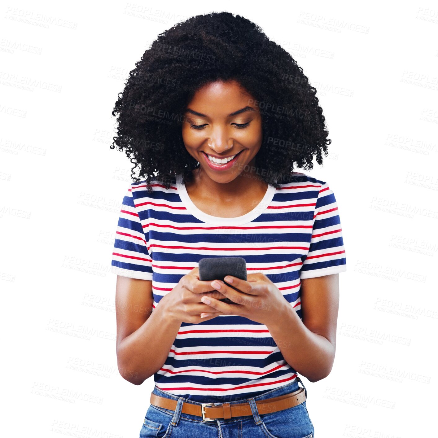 Buy stock photo Black woman, student and phone for social media, reading news or communication of opportunity. Happy young person typing, scroll or search internet on mobile, isolated on a transparent PNG background