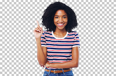 Buy stock photo Happy black woman, portrait and pointing up for idea or solution isolated on a transparent PNG background. African female person or model smile with hand up for advertising, marketing or notification