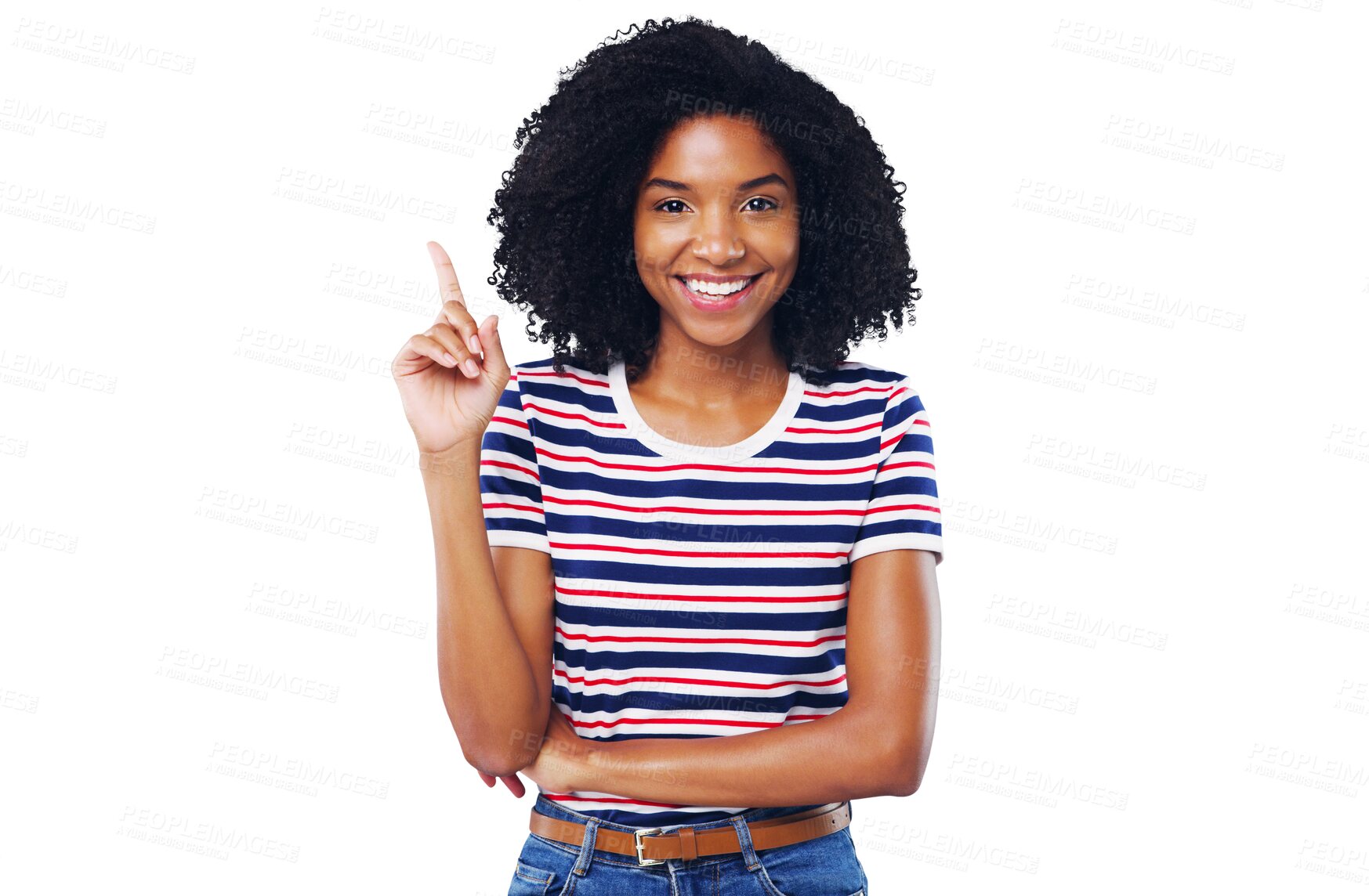 Buy stock photo Happy black woman, portrait and pointing up for idea or solution isolated on a transparent PNG background. African female person or model smile with hand up for advertising, marketing or notification