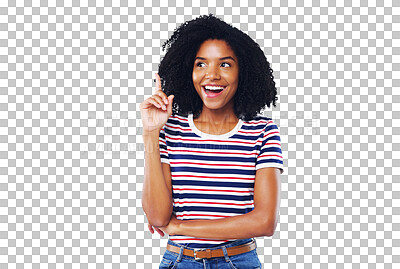 Buy stock photo Happy black woman, thinking and pointing up for idea or solution isolated on a transparent PNG background. African female person or model smile with hand up for choice, memory or remember plan