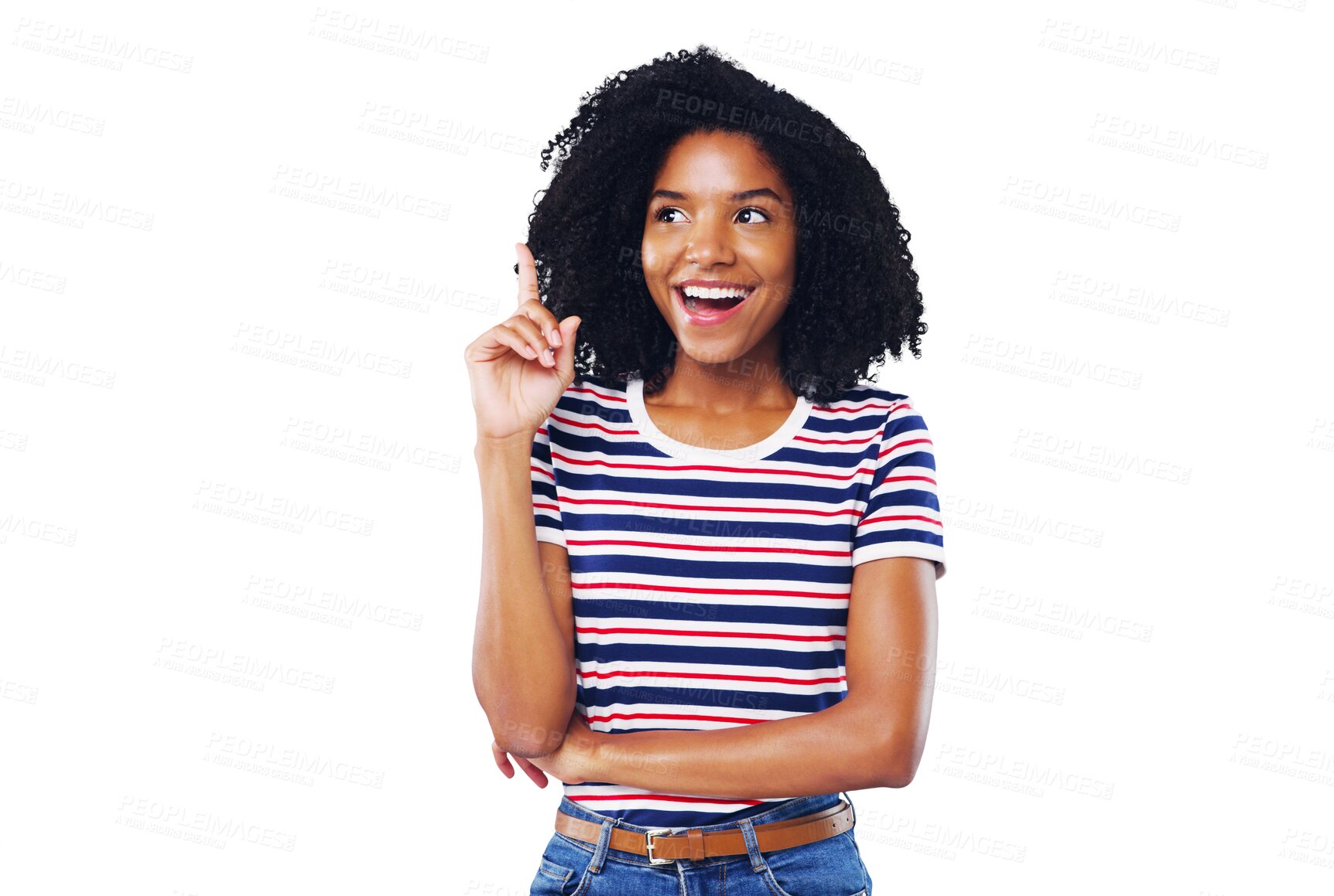 Buy stock photo Happy black woman, thinking and pointing up for idea or solution isolated on a transparent PNG background. African female person or model smile with hand up for choice, memory or remember plan