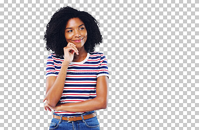 Buy stock photo Happy woman, student and thinking, planning future or goals for education, learning or opportunity. Young African person with ideas, inspiration or solution isolated on a transparent, PNG background